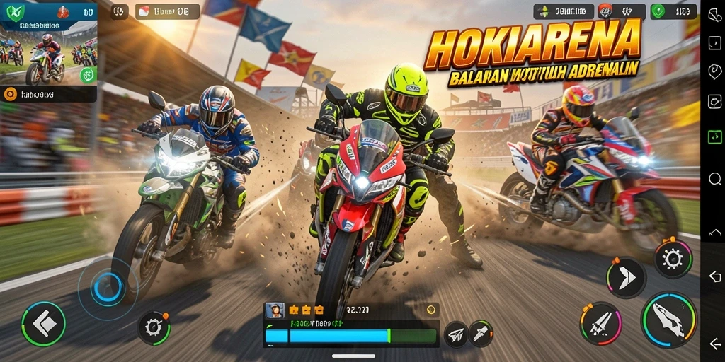 Gameplay HOKIARENA dengan balapan motor yang mendebarkan.