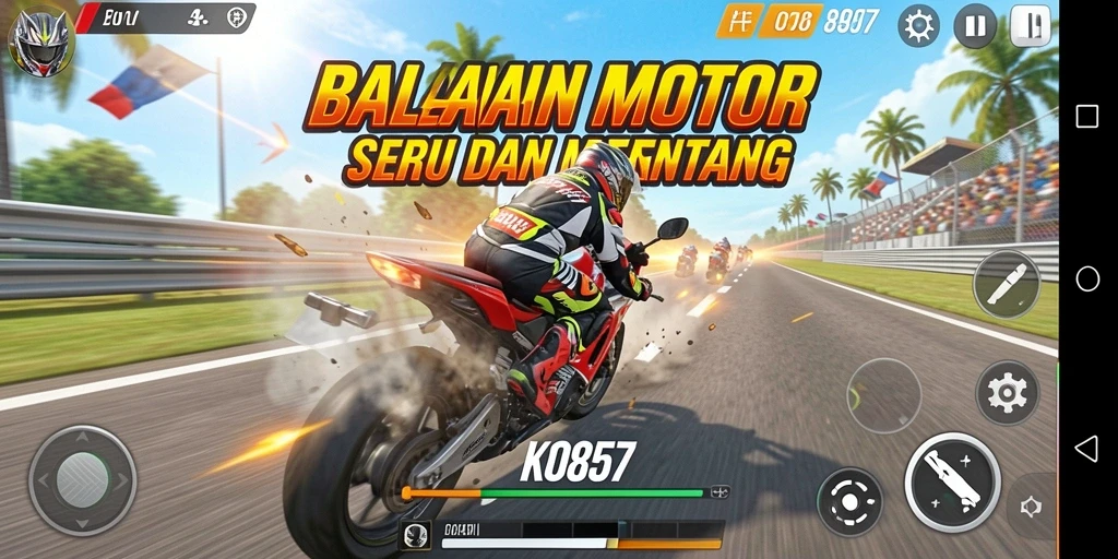 Screenshot gameplay seru dari KO857 dengan aksi balapan motor.