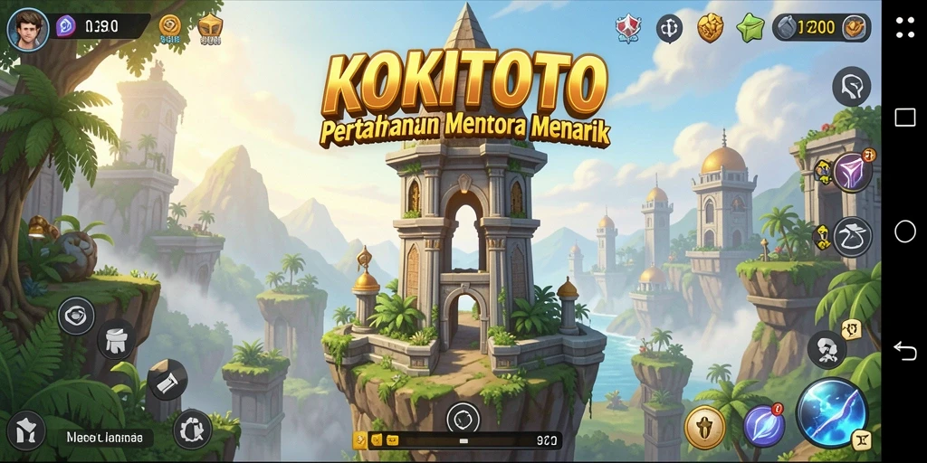 Screenshot gameplay KOKITOTO menampilkan menara strategis dalam aksi.